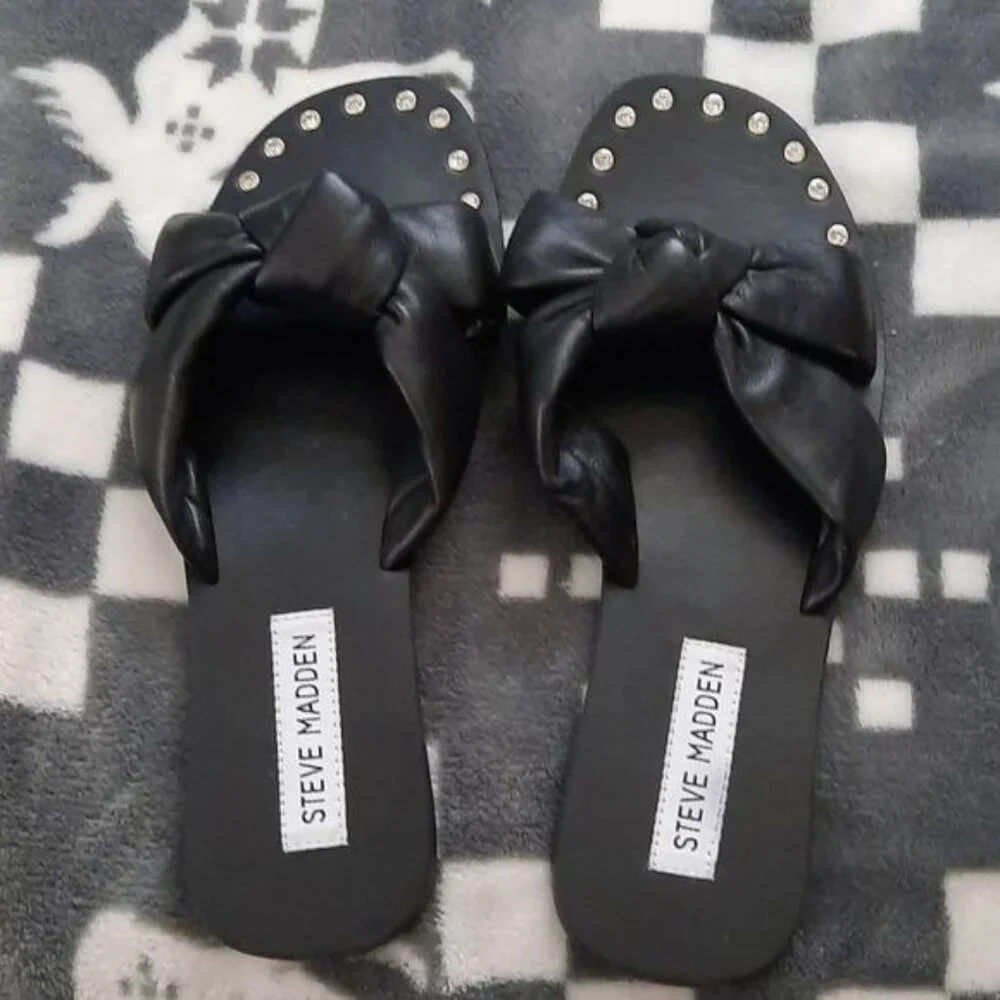 Steve Madden Black Knotted Slide Sandals with Stud Accents